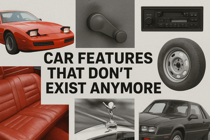 Collage of nostalgic car features like pop-up headlights and cassette players