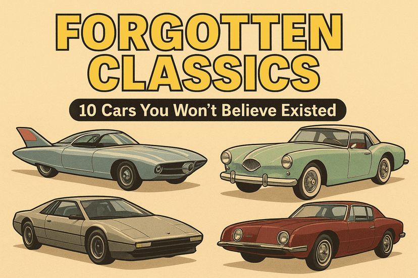Illustration collage of rare forgotten classic cars including the Chrysler Turboflite, Kaiser Darrin, Aston Martin Bulldog, and Studebaker Avanti, with bold title "Forgotten Classics: 10 Cars You Won’t Believe Existed.