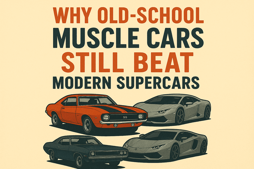Vintage-style poster showing a classic American muscle car racing against a sleek modern supercar, symbolizing the soul of old-school muscle versus modern speed.
