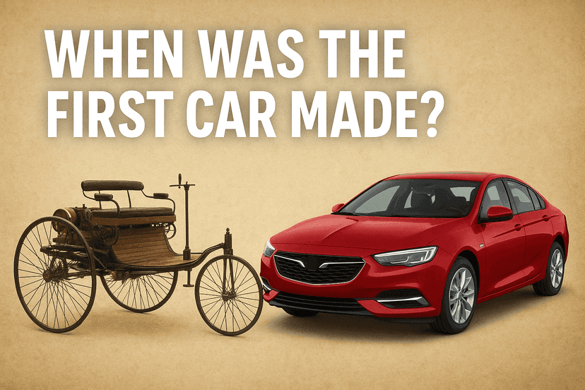 Modern digital graphic showing Karl Benz’s first car from 1886 alongside a sleek modern car, symbolizing the evolution of automobiles.